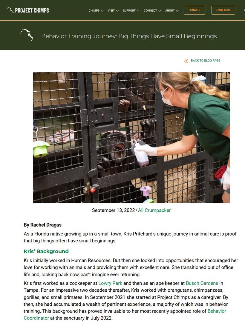Project Chimps article by Rachel Dragas, Behavior Training Journey: Big Things Have Small Beginnings