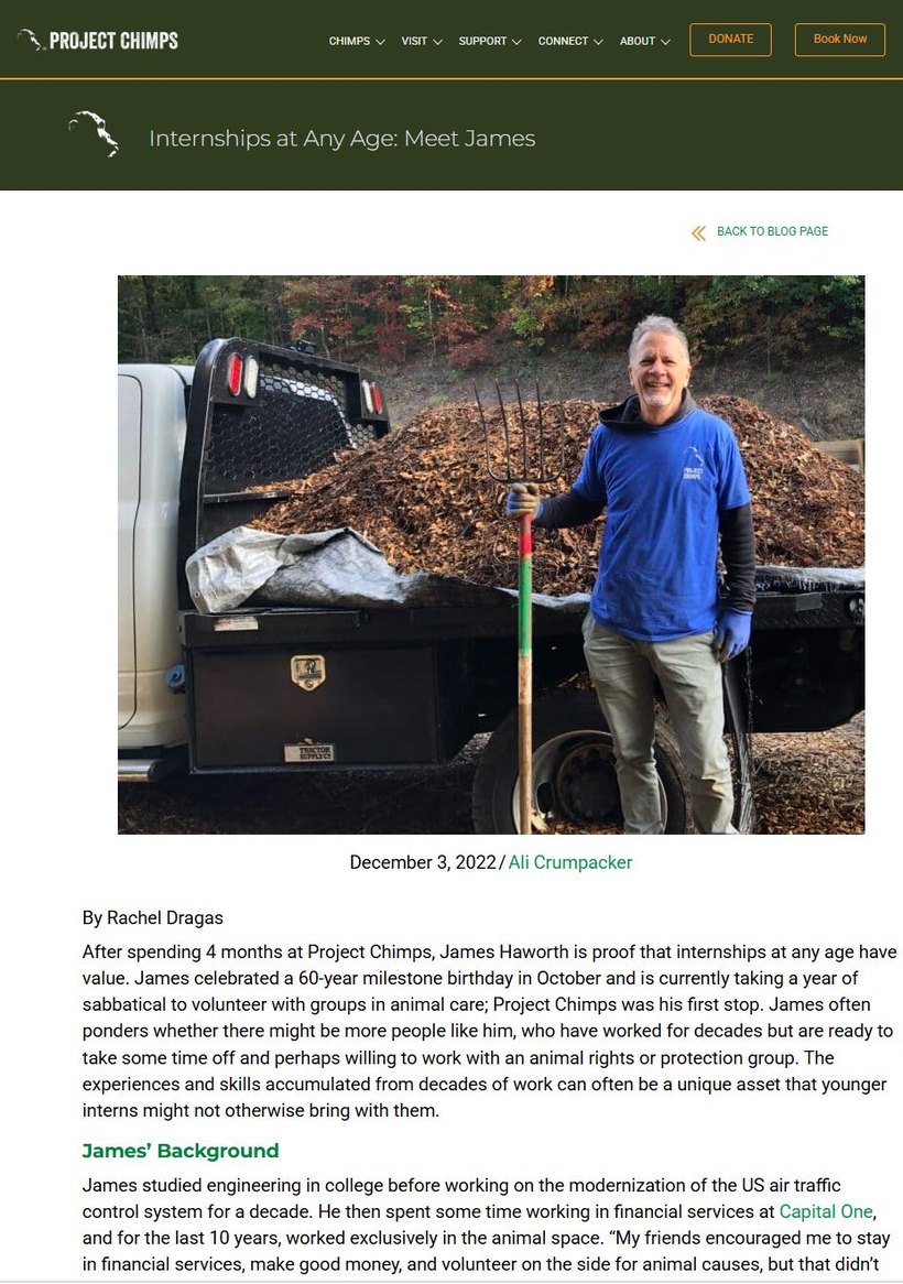 Project Chimps article by Rachel Dragas, Internships at Any Age: Meet James
