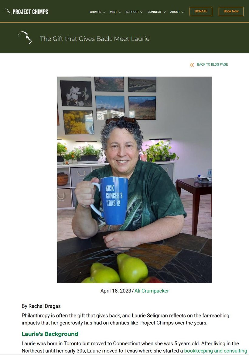 Project Chimps article by Rachel Dragas, The Gift that Gives Back: Meet Laurie