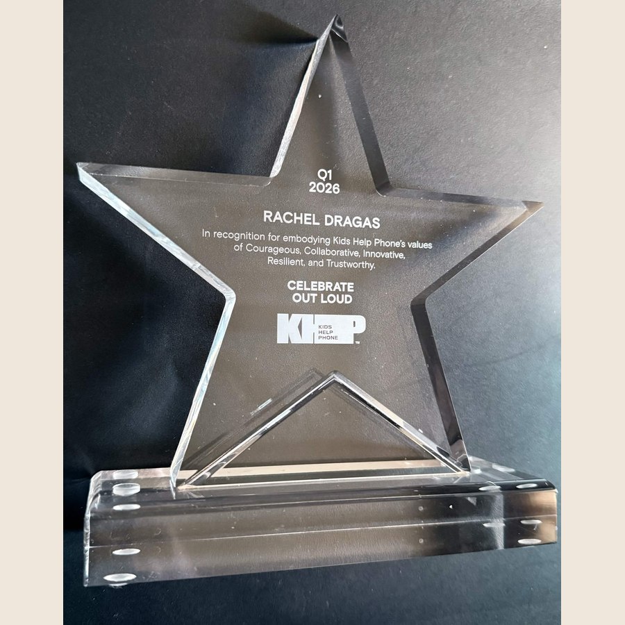 KHP Q1 2026 Celebrate Out Loud Award from Kids Help Phone, presented to Rachel Dragas