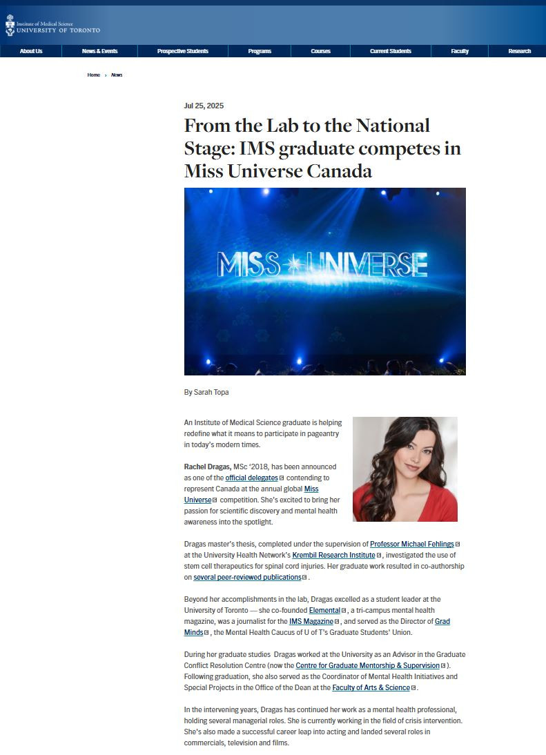 Institute of Medical Science news article, From the Lab to the National Stage, featuring Rachel Dragas