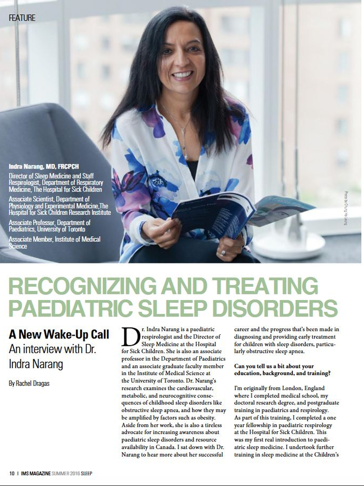 IMS Magazine feature interview by Rachel Dragas with Dr. Indra Narang on paediatric sleep disorders