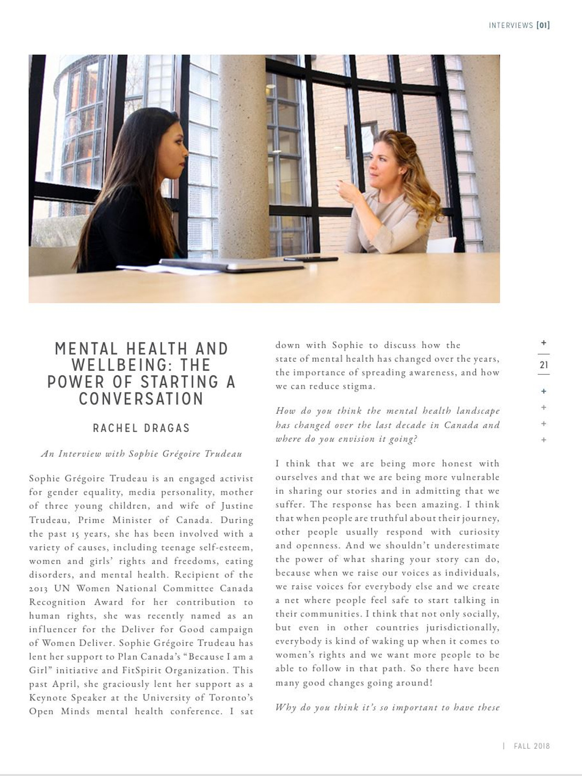 Rachel Dragas interview with Sophie Gregoire Trudeau published in Elemental Magazine