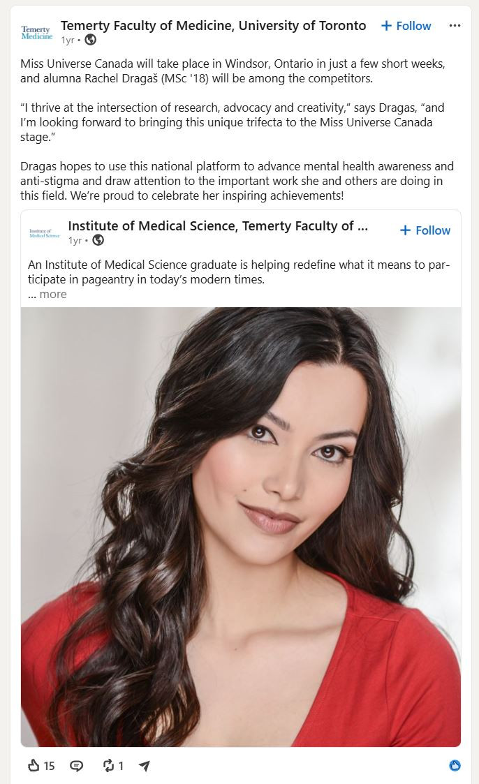 Temerty Faculty of Medicine post featuring alumna Rachel Dragas ahead of Miss Universe Canada