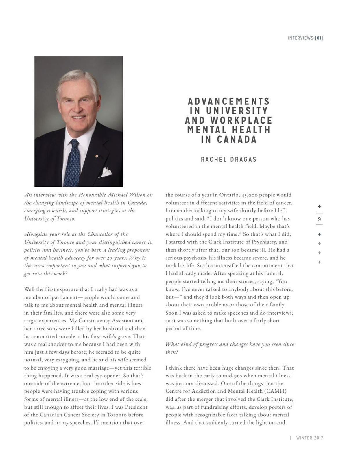 Rachel Dragas interview with the Honourable Michael Wilson published in Elemental Magazine