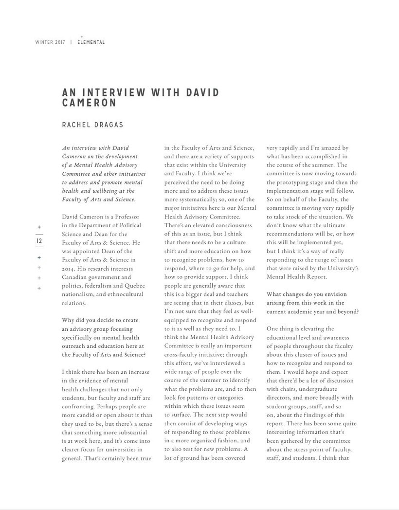 Elemental Magazine interview by Rachel Dragas with Dean David Cameron, Faculty of Arts and Science