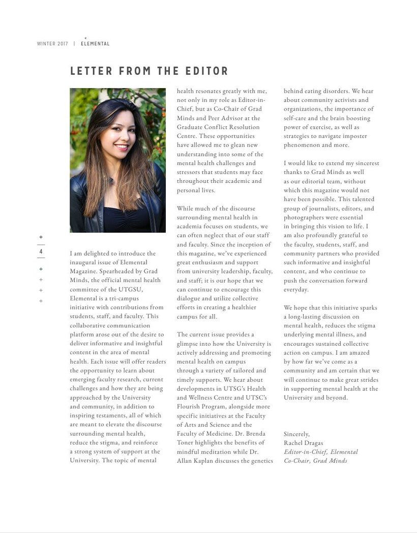 Letter from the Editor by Rachel Dragas in the inaugural issue of Elemental Magazine