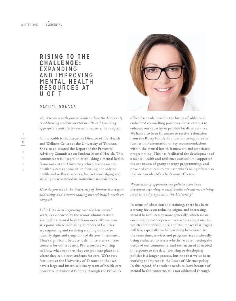 Elemental Magazine interview by Rachel Dragas with Janine Robb of the U of T Health and Wellness Centre