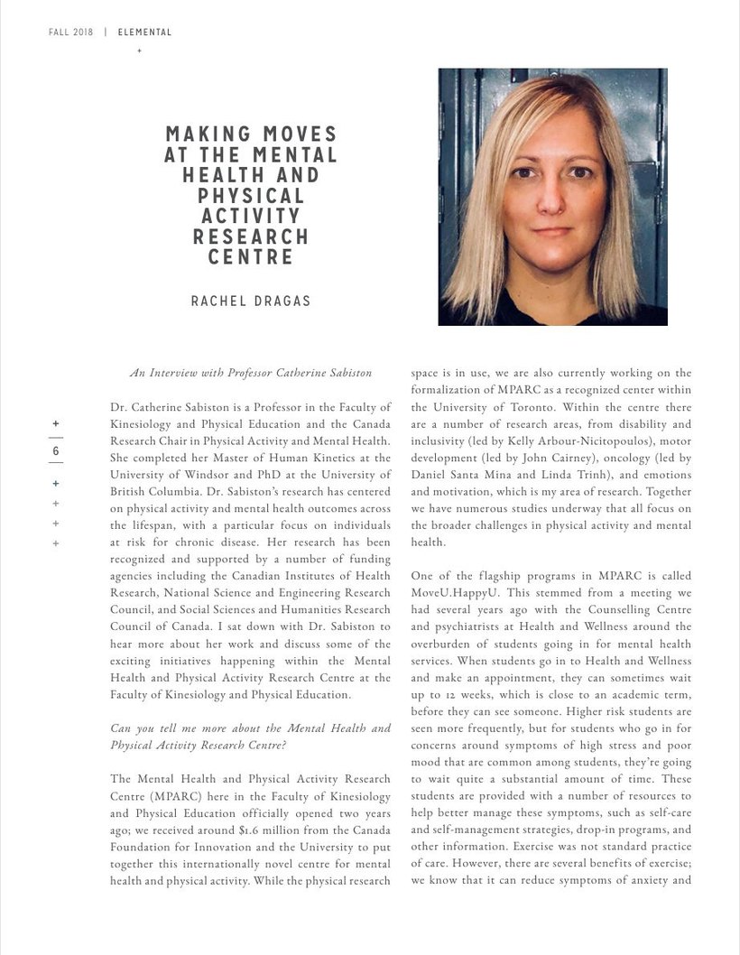 Elemental Magazine interview by Rachel Dragas with Professor Catherine Sabiston on physical activity and mental health