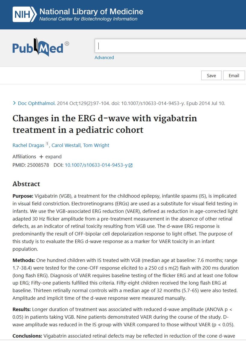 PubMed record for Changes in the ERG d-wave with vigabatrin treatment in a pediatric cohort, first-authored by Rachel Dragas