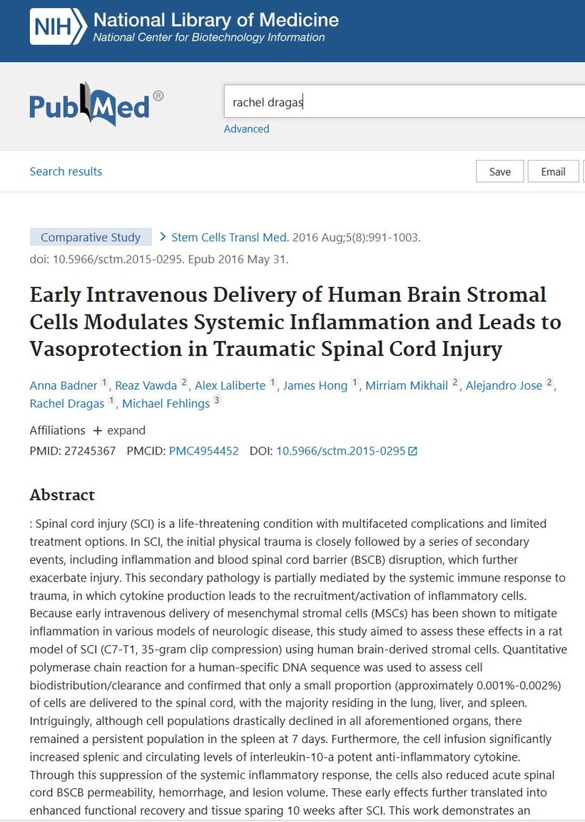 PubMed record for Early Intravenous Delivery of Human Brain Stromal Cells in traumatic spinal cord injury