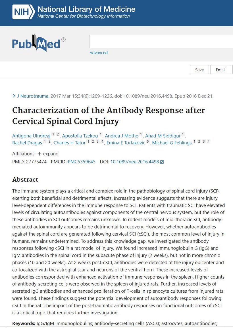 PubMed record for Characterization of the Antibody Response after Cervical Spinal Cord Injury