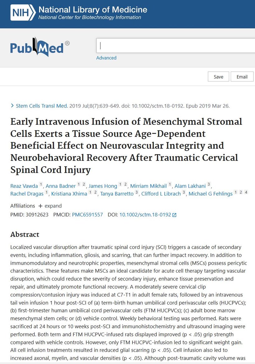 PubMed record for Early Intravenous Infusion of Mesenchymal Stromal Cells after traumatic cervical spinal cord injury
