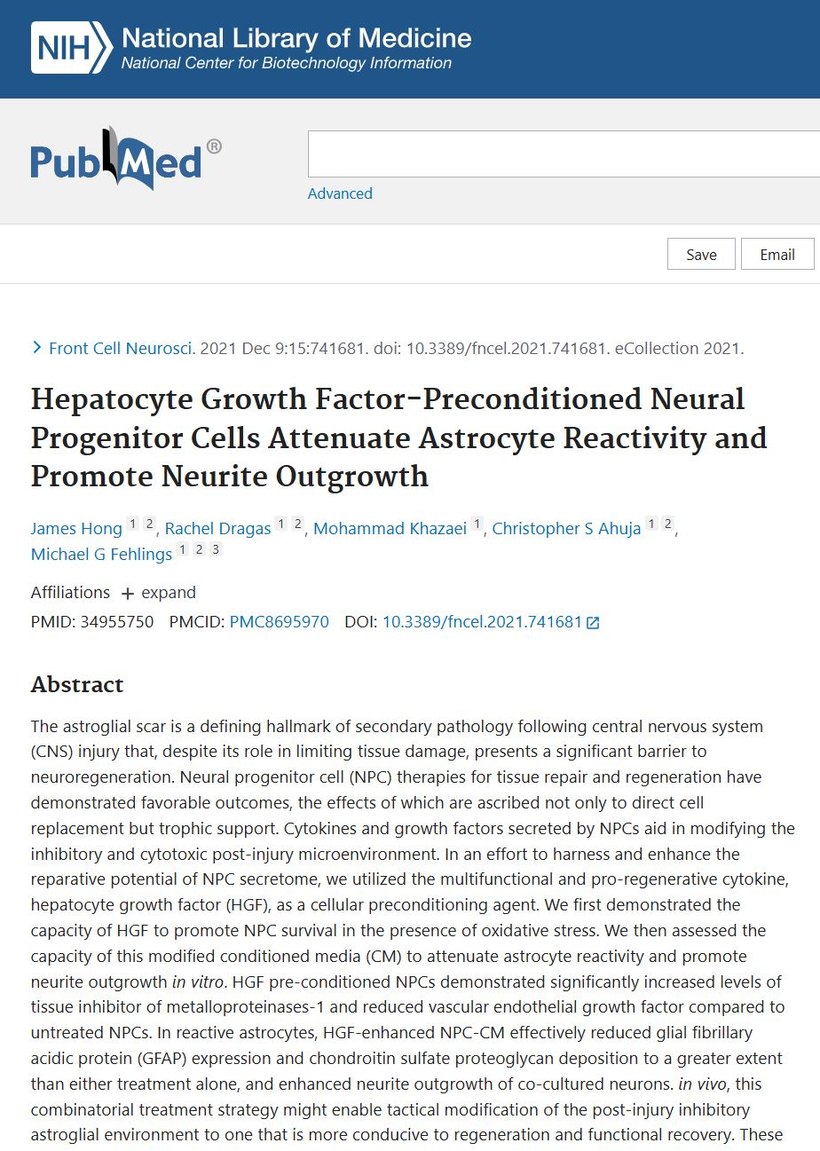 PubMed record for Hepatocyte Growth Factor-Preconditioned Neural Progenitor Cells Attenuate Astrocyte Reactivity