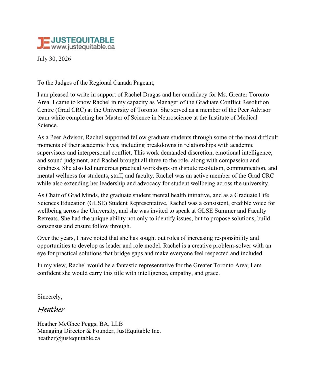 Signed letter of reference for Rachel Dragas from Heather McGhee Peggs, Managing Director and Founder of JustEquitable Inc., on JustEquitable letterhead, dated July 30 2026